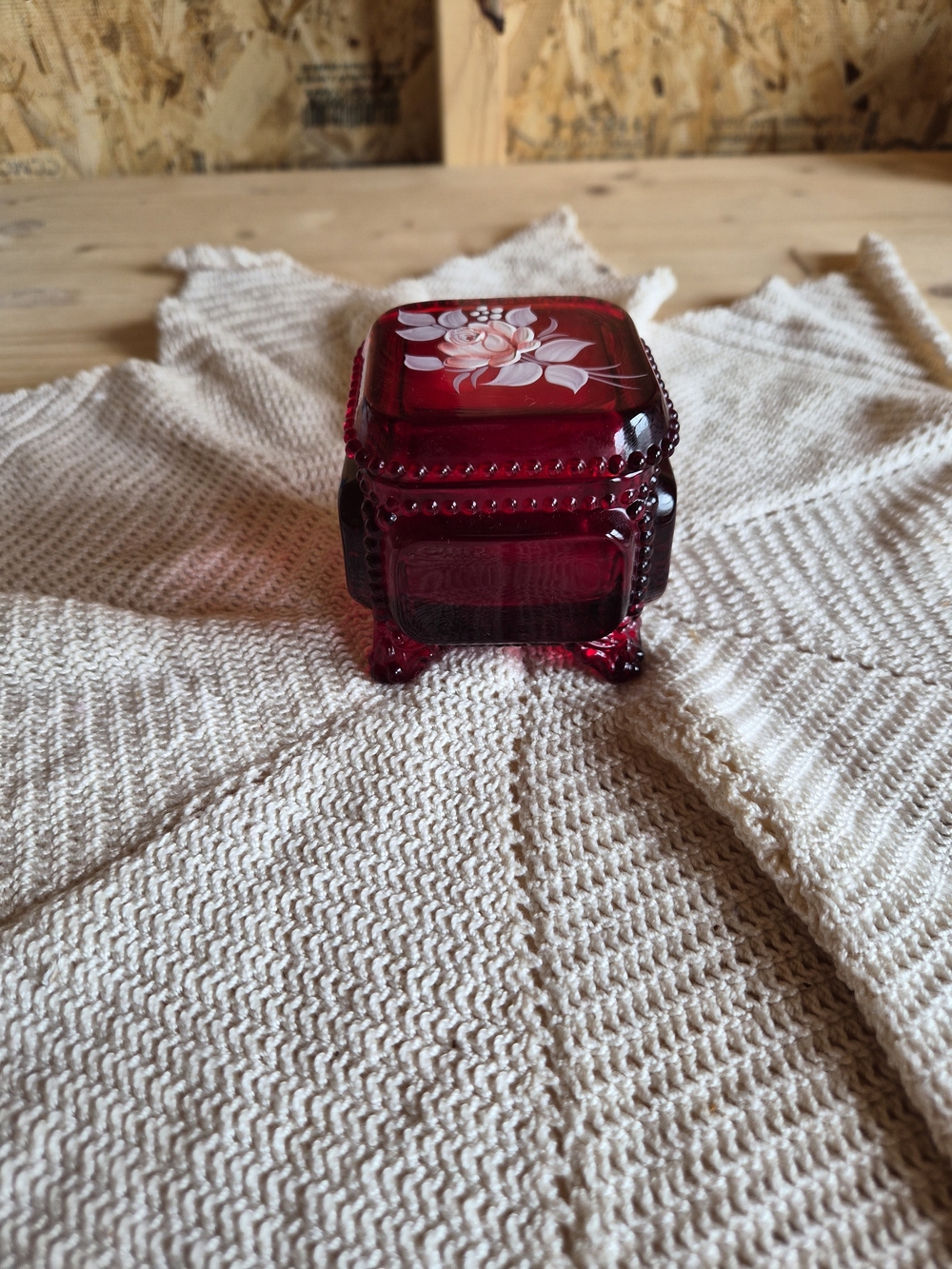 1979 Westmoreland Ruby Red Trinket Box Glass Hand Painted Rose Flower Signed